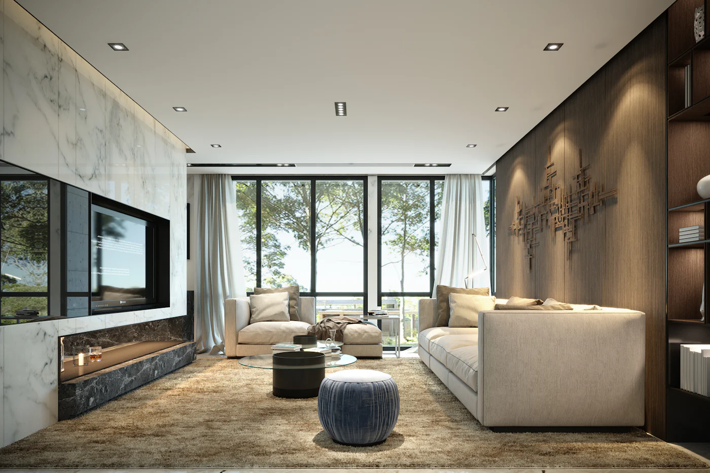 Modern living room with large windows
