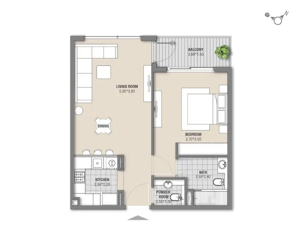 Spacious 2 bedroom apartment layout 1 at Zazen Ivy
