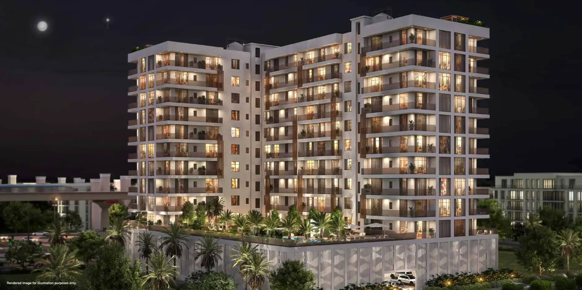 Front view of Sunbliss residential building with landscape