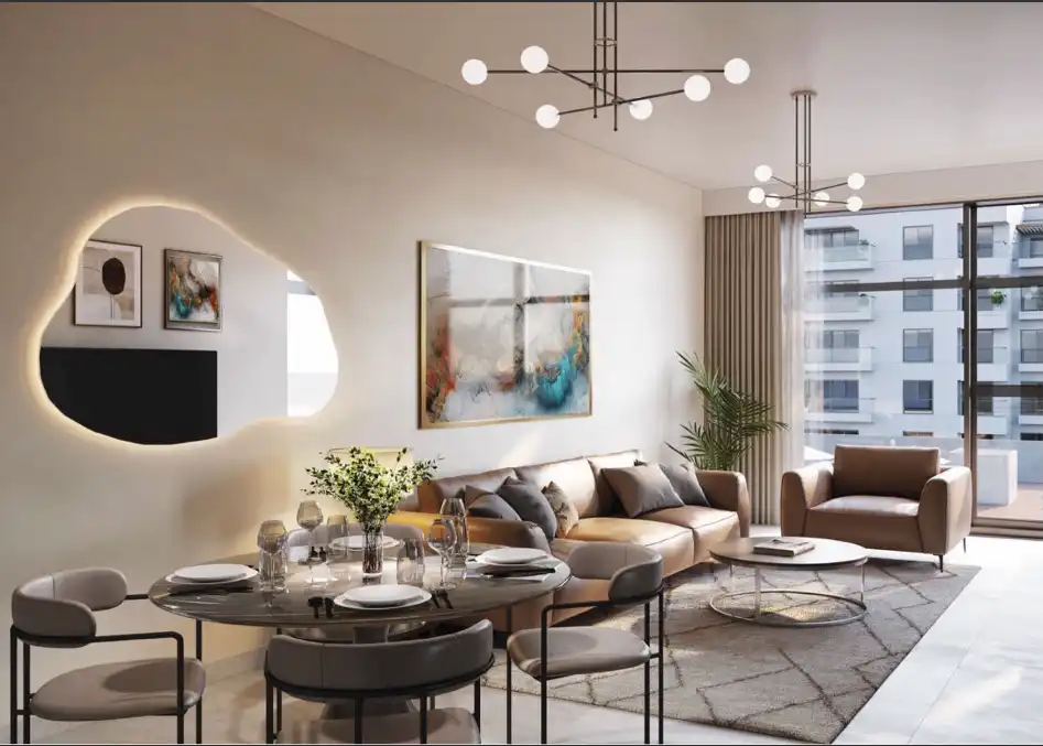 Spacious modern living room in Zazen Ivy apartment with natural light