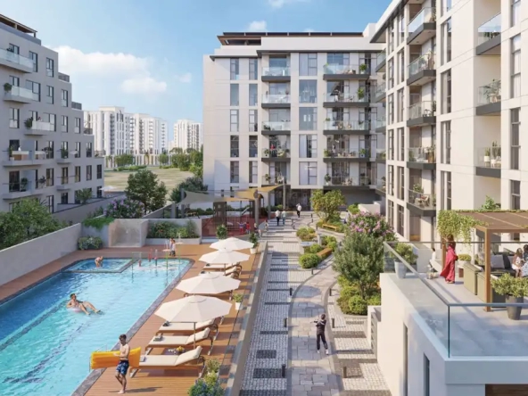 Leisure pool view 1 at Zazen Ivy with residents enjoying amenities