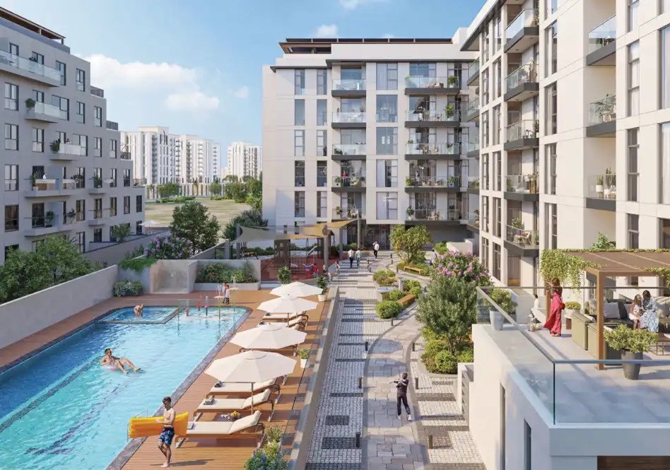 Leisure pool view 1 at Zazen Ivy with residents enjoying amenities