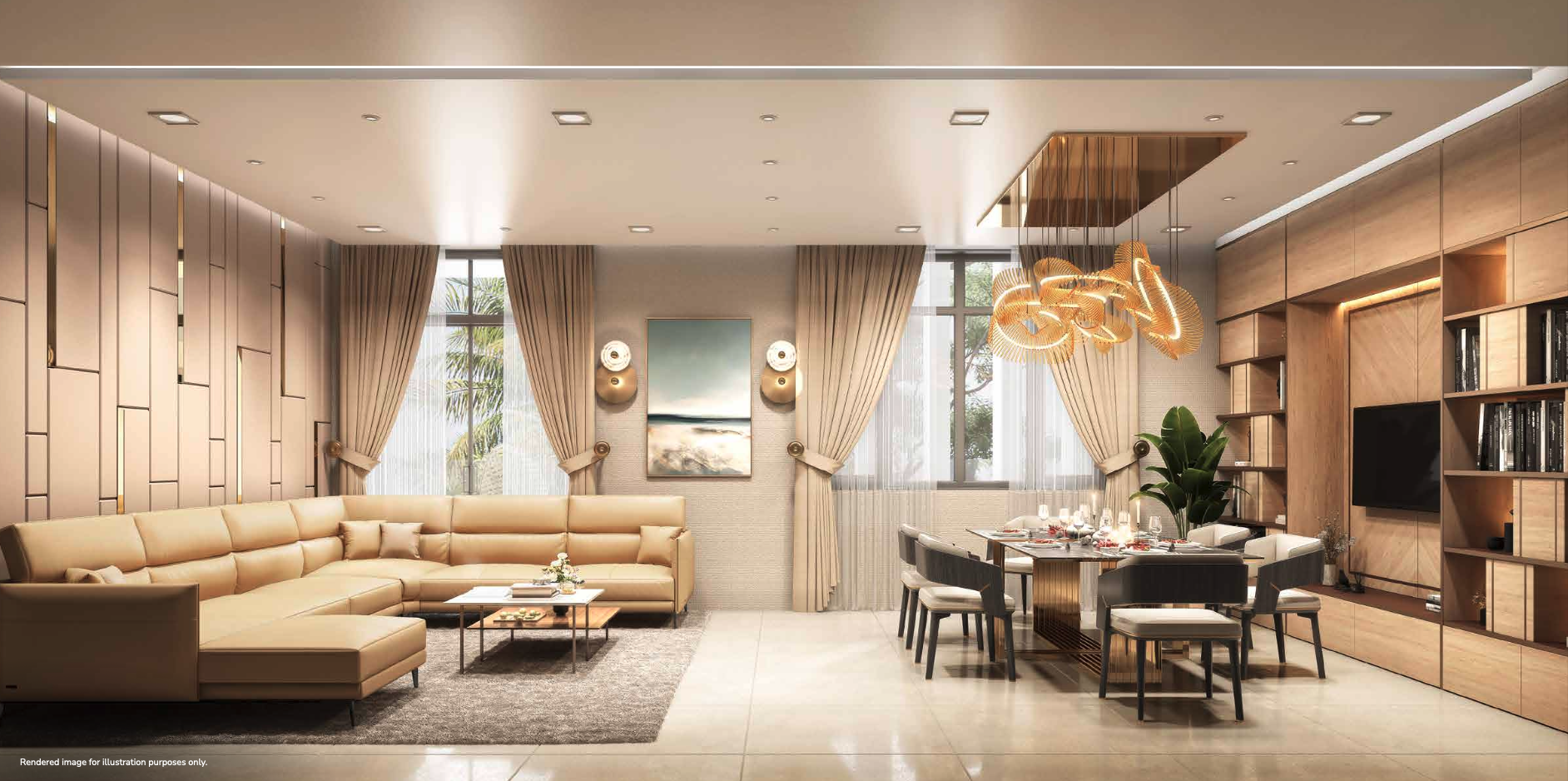 Bright spacious living area with modern interiors at Sunbliss residences