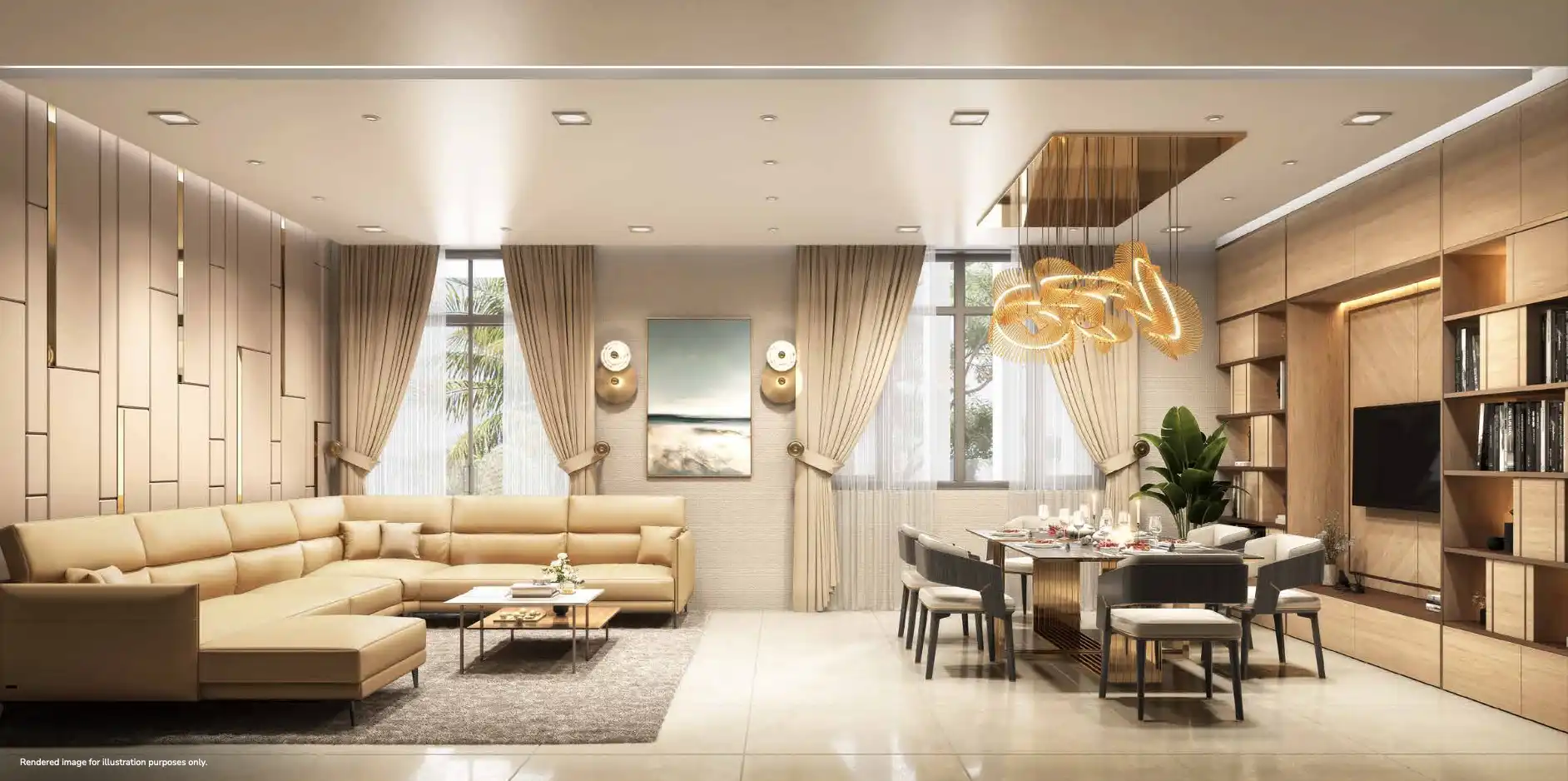 Bright spacious living area with modern interiors at Sunbliss residences