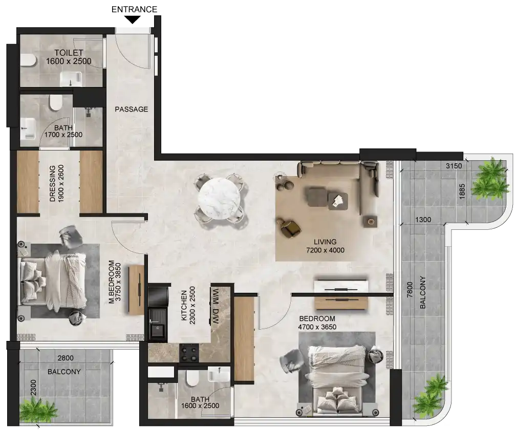 Premium 2BR apartment floor plan with balcony in Evora