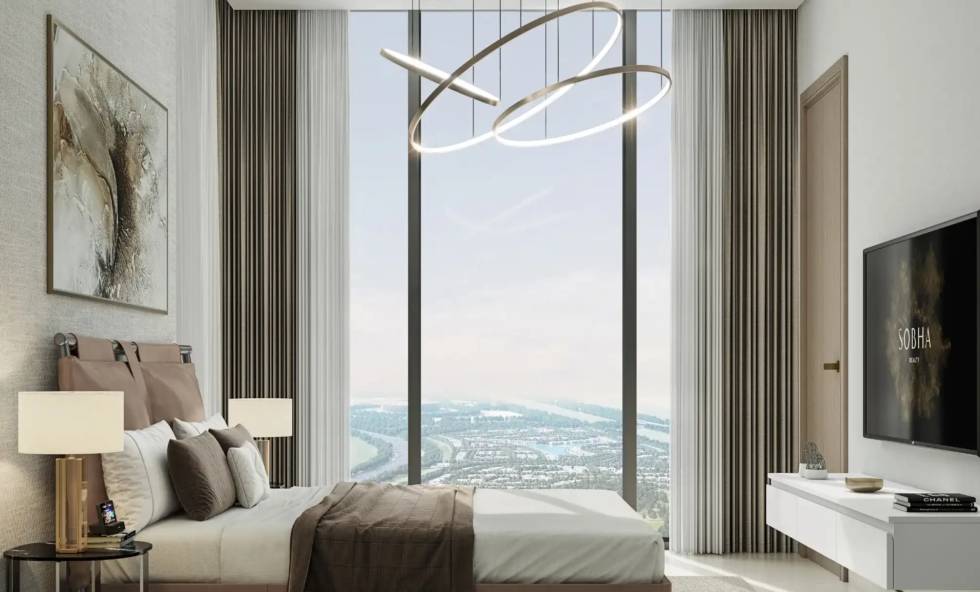 Sobha Solis bedroom with window wall and urban backdrop