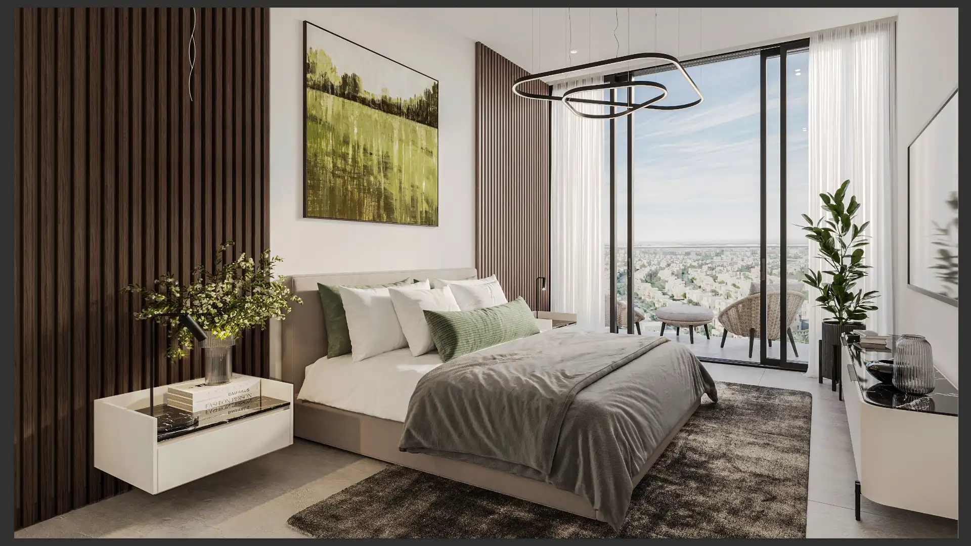 Minimalist bedroom with panoramic city view through tall windows