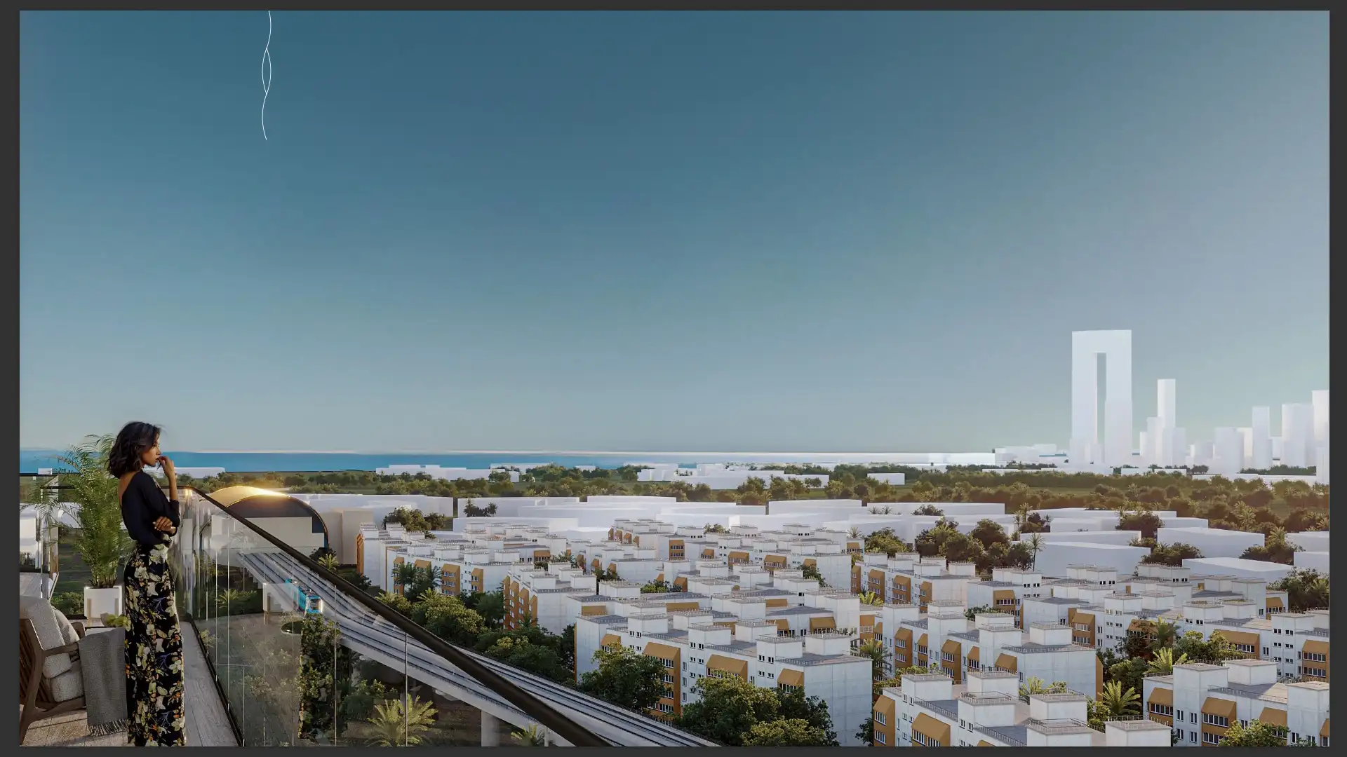 Drone shot highlighting rooftop and amenities of Evora