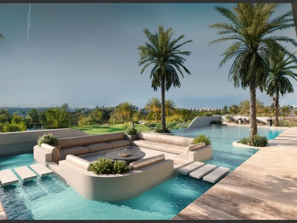 Outdoor swimming pool at Evora with floating sofa