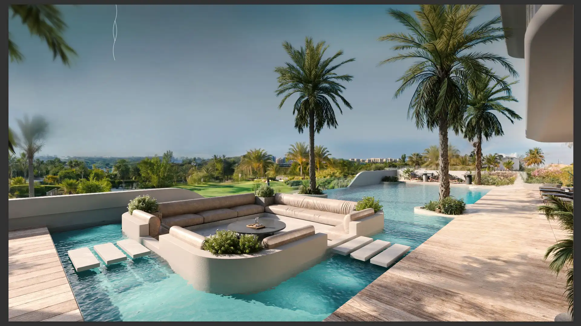 Outdoor swimming pool at Evora with floating sofa