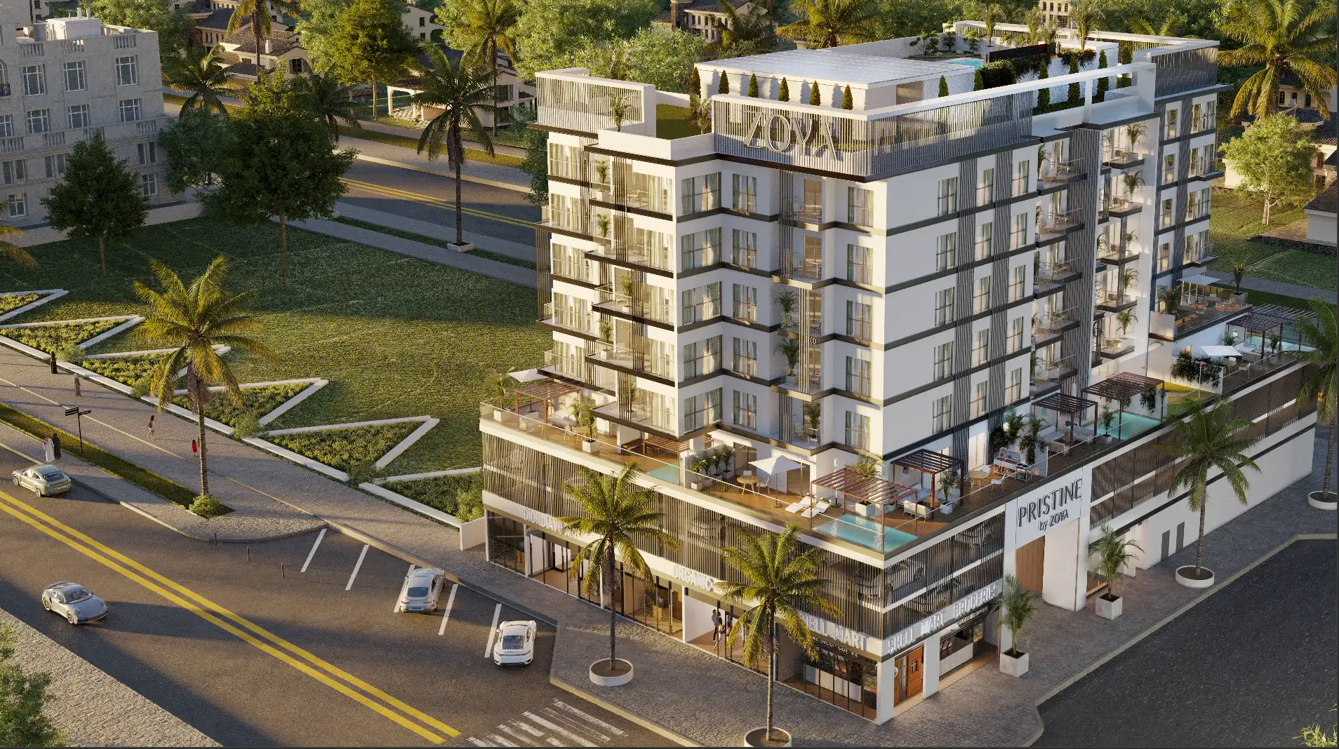 Aerial view of Pristine by Zoya with surrounding golf course