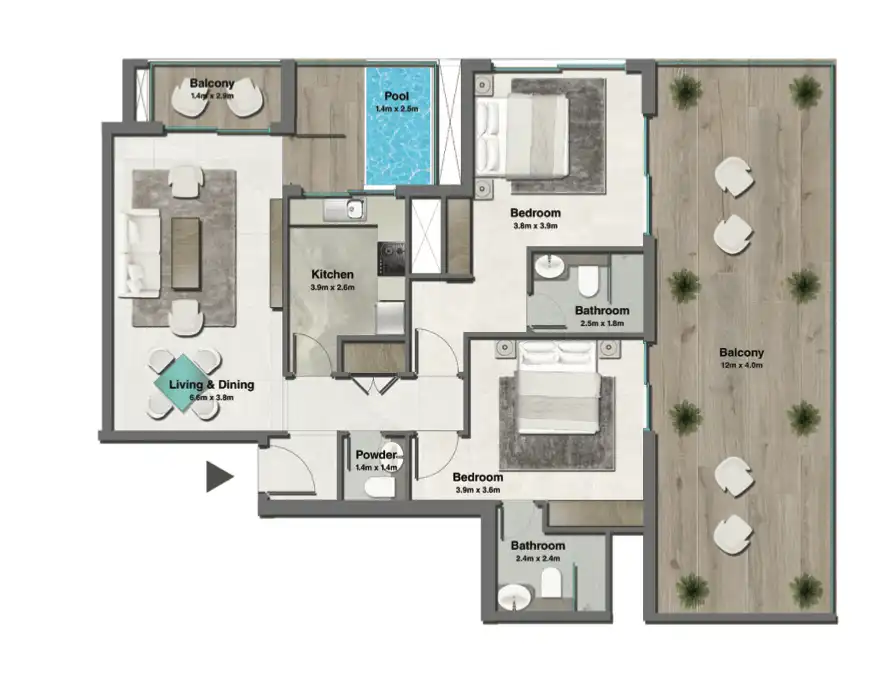 2 BHK apartment floor plan Type A at Pristine by Zoya
