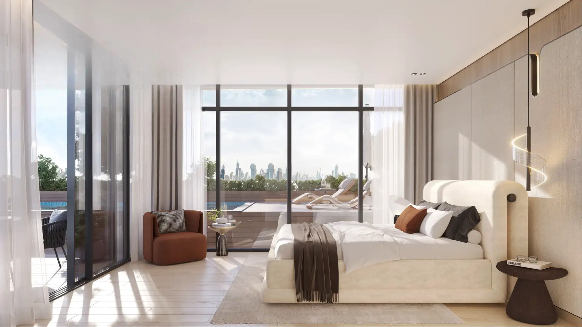 Sunlit master bedroom with community view