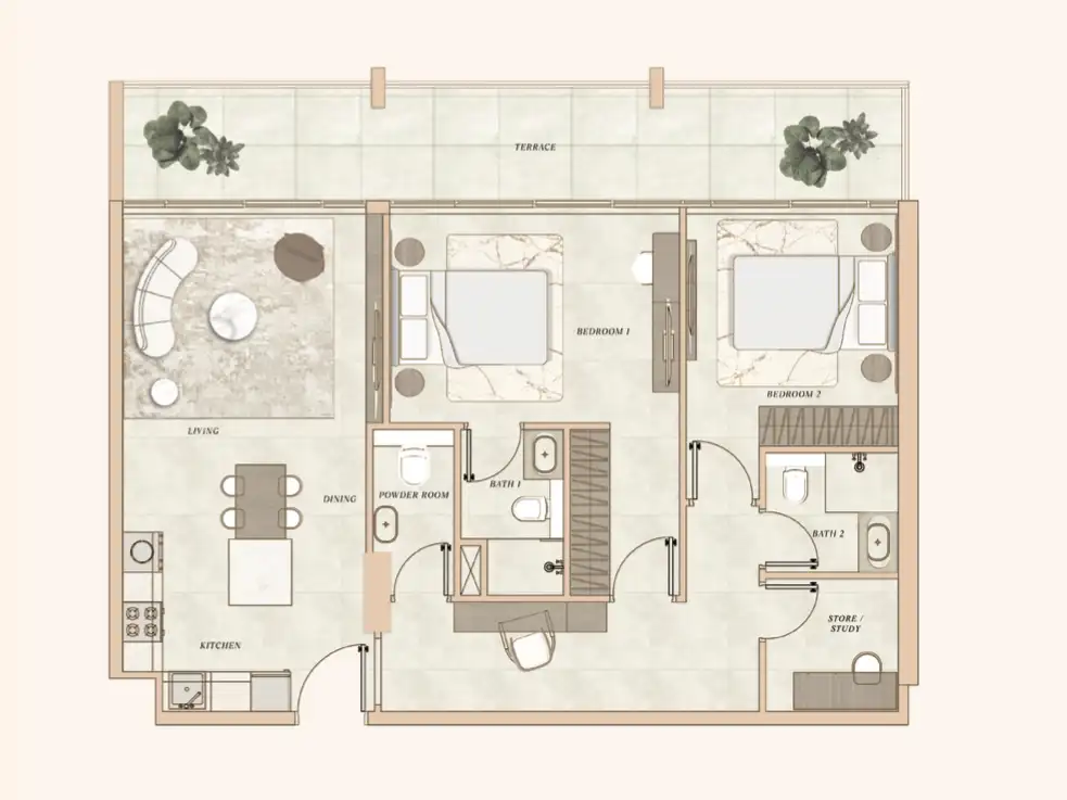 2BR apartment layout at La Clé luxury residences