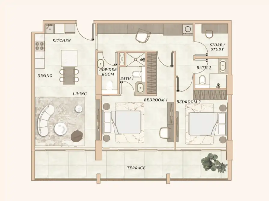 1BR apartment floor plan at La Clé Dubai