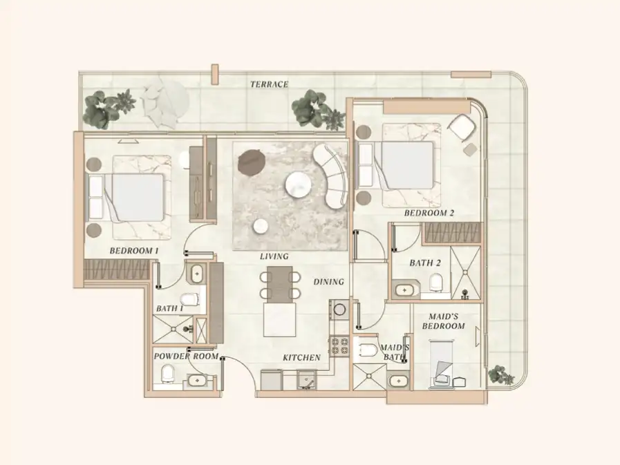 2BR plus maid’s room apartment floor plan at La Clé