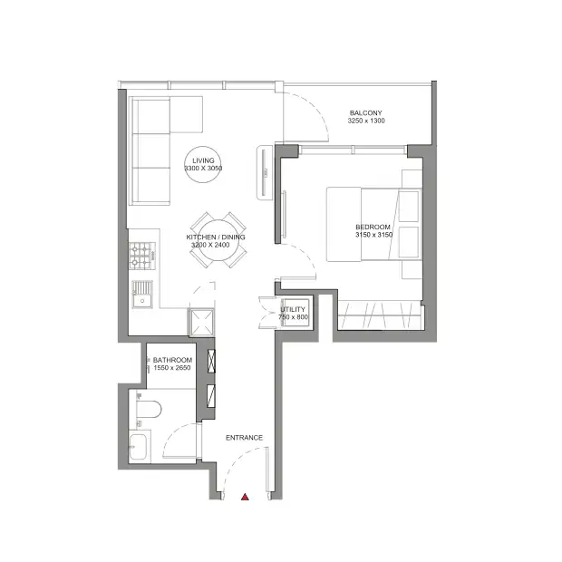One-bedroom floor plan at Solis with walk-in closet