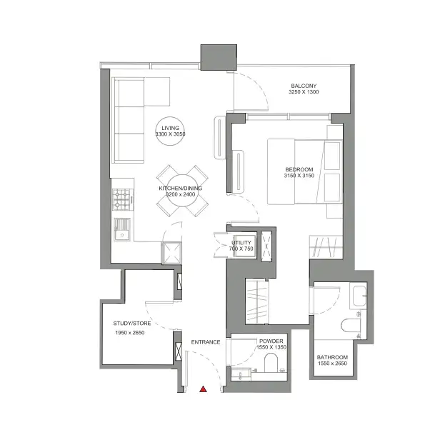 Open concept 1-bedroom Solis layout with flexible living area