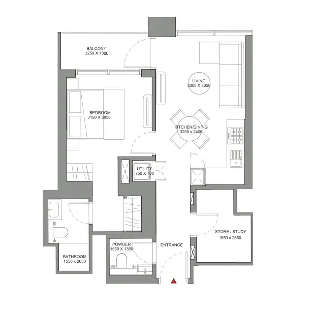 Floor plan showing corner 3-bedroom apartment at Solis