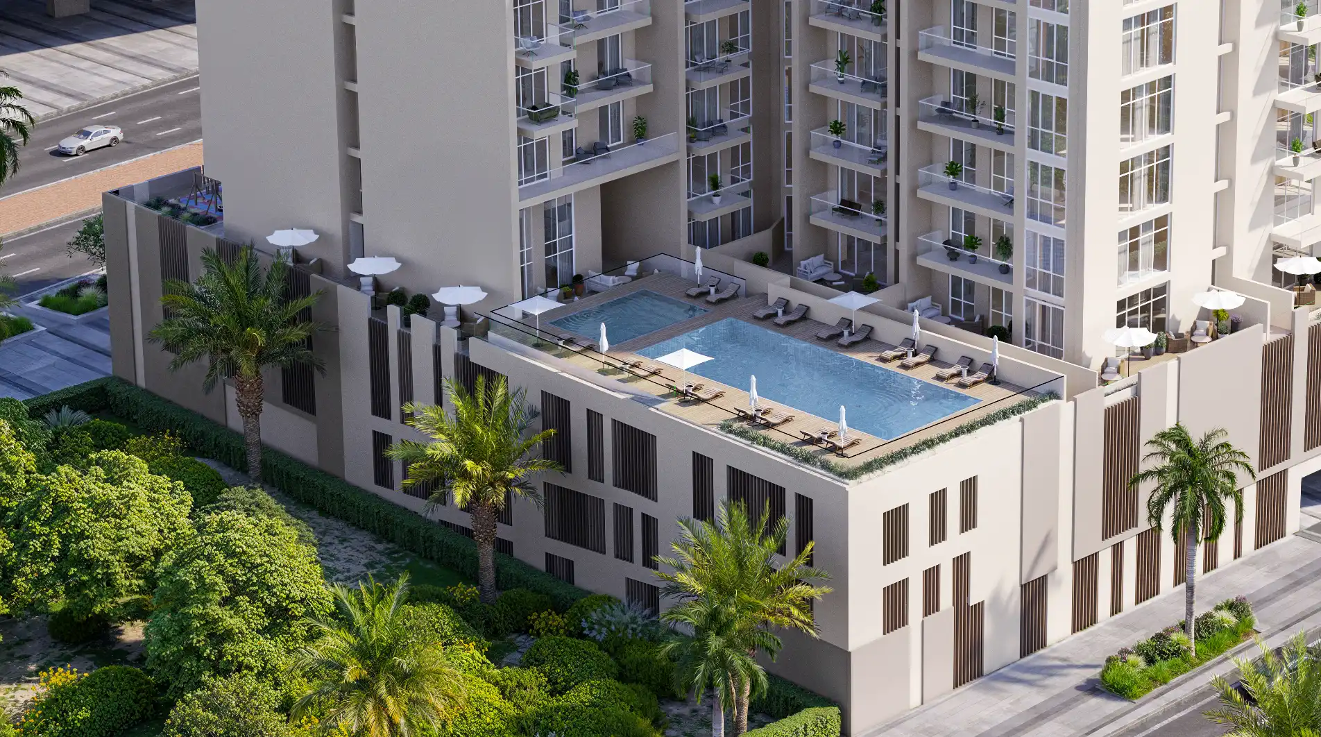 Diagonal aerial shot of Avenue 8 building in Al Furjan