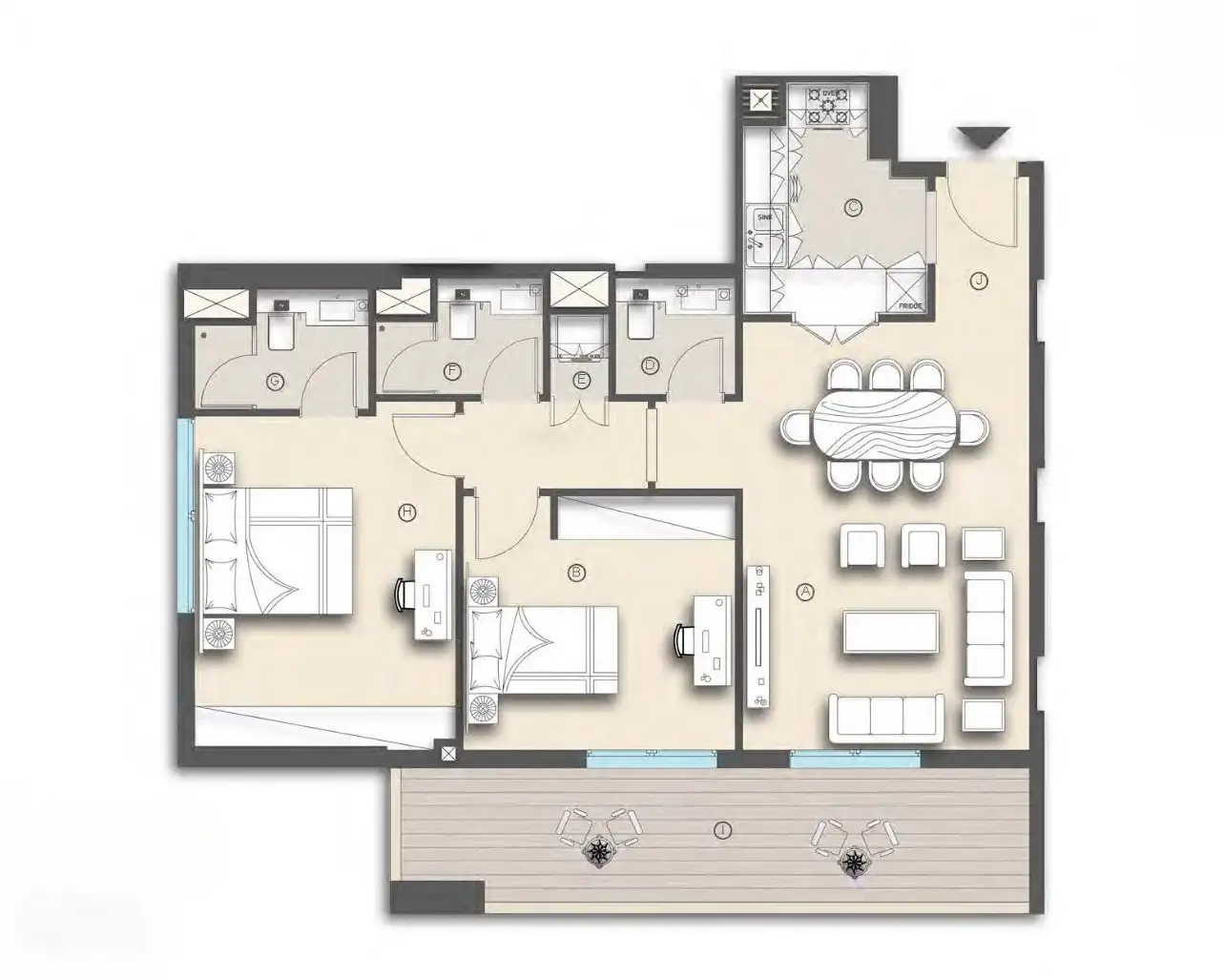 1BR apartment layout at Nadine I & II Al Furjan
