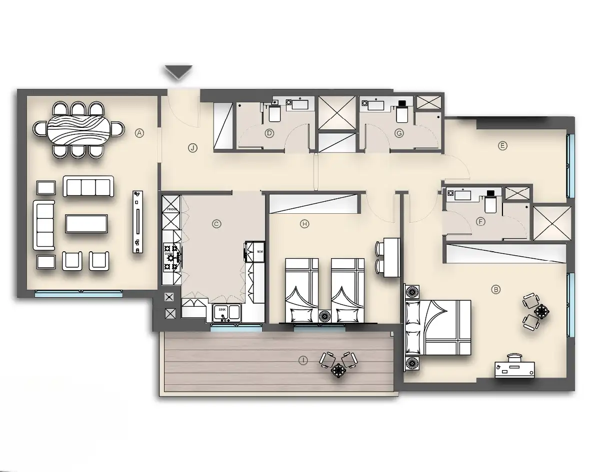 2BHK apartment Type B floor plan at Nadine II Dubai