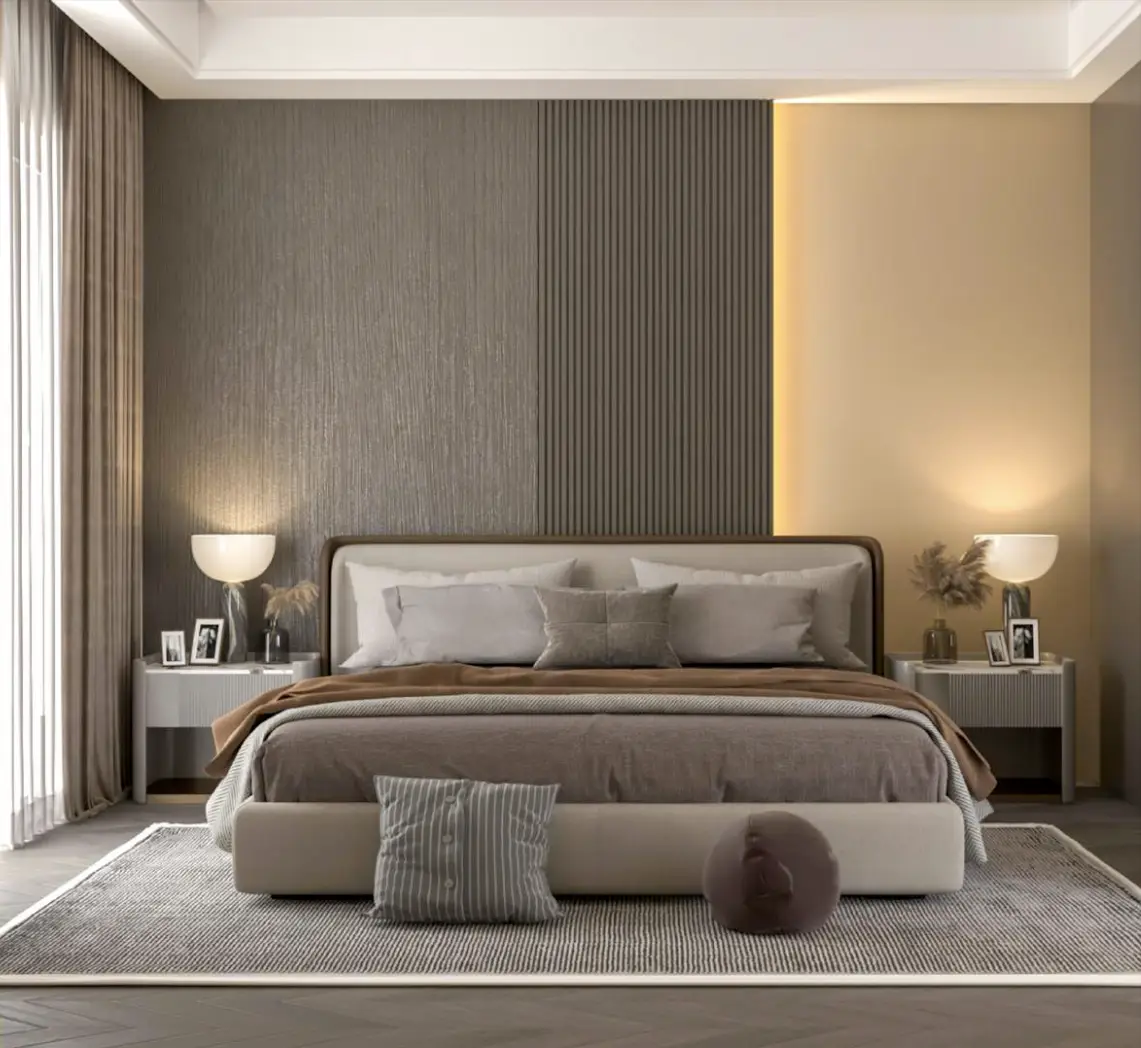 Master bedroom interior at Symbolic Zen with soft lighting