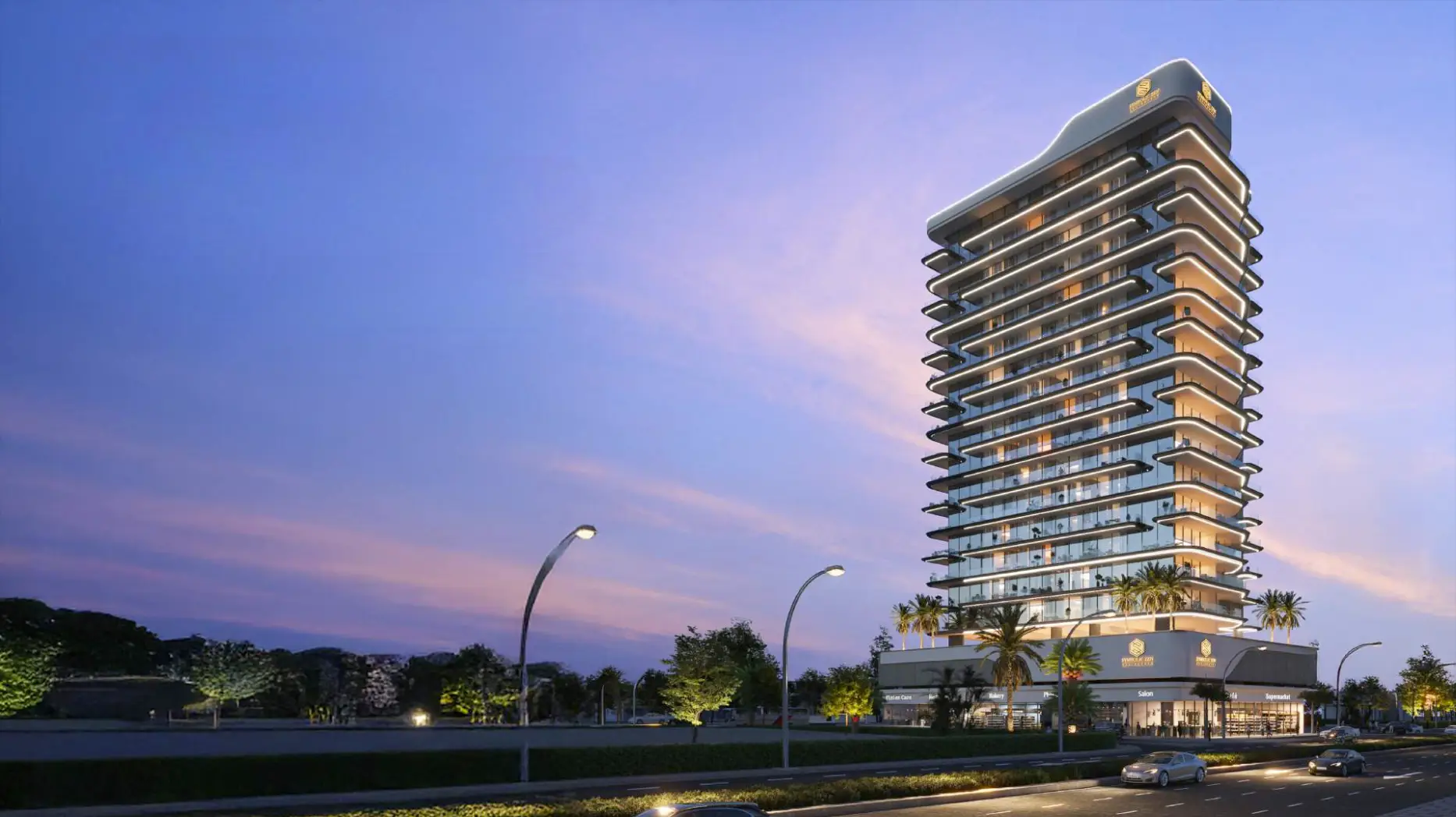Aerial view of Symbolic Zen residential building in Dubai