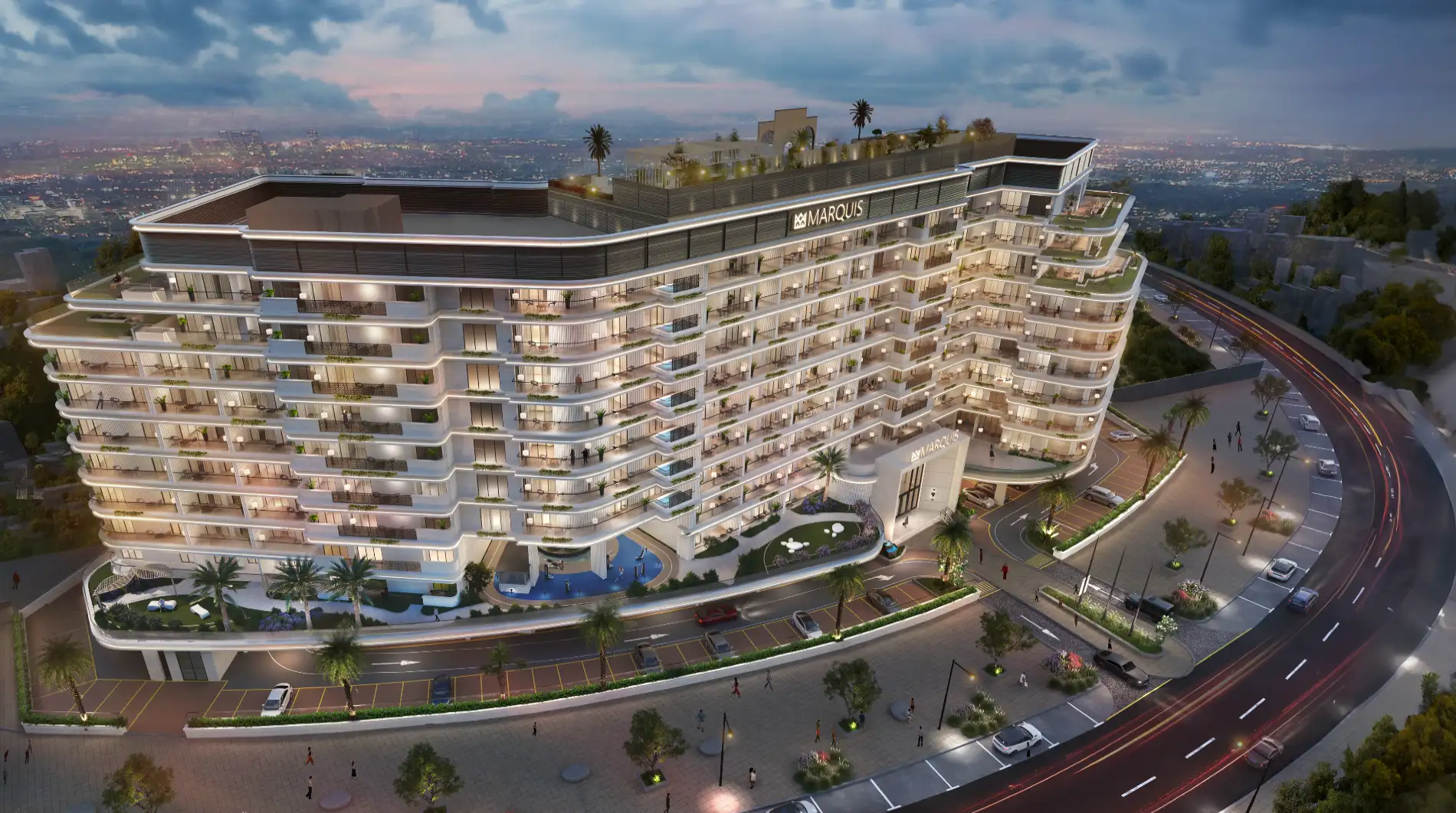 Drone shot of Marquis Insignia and surrounding Arjan neighborhood