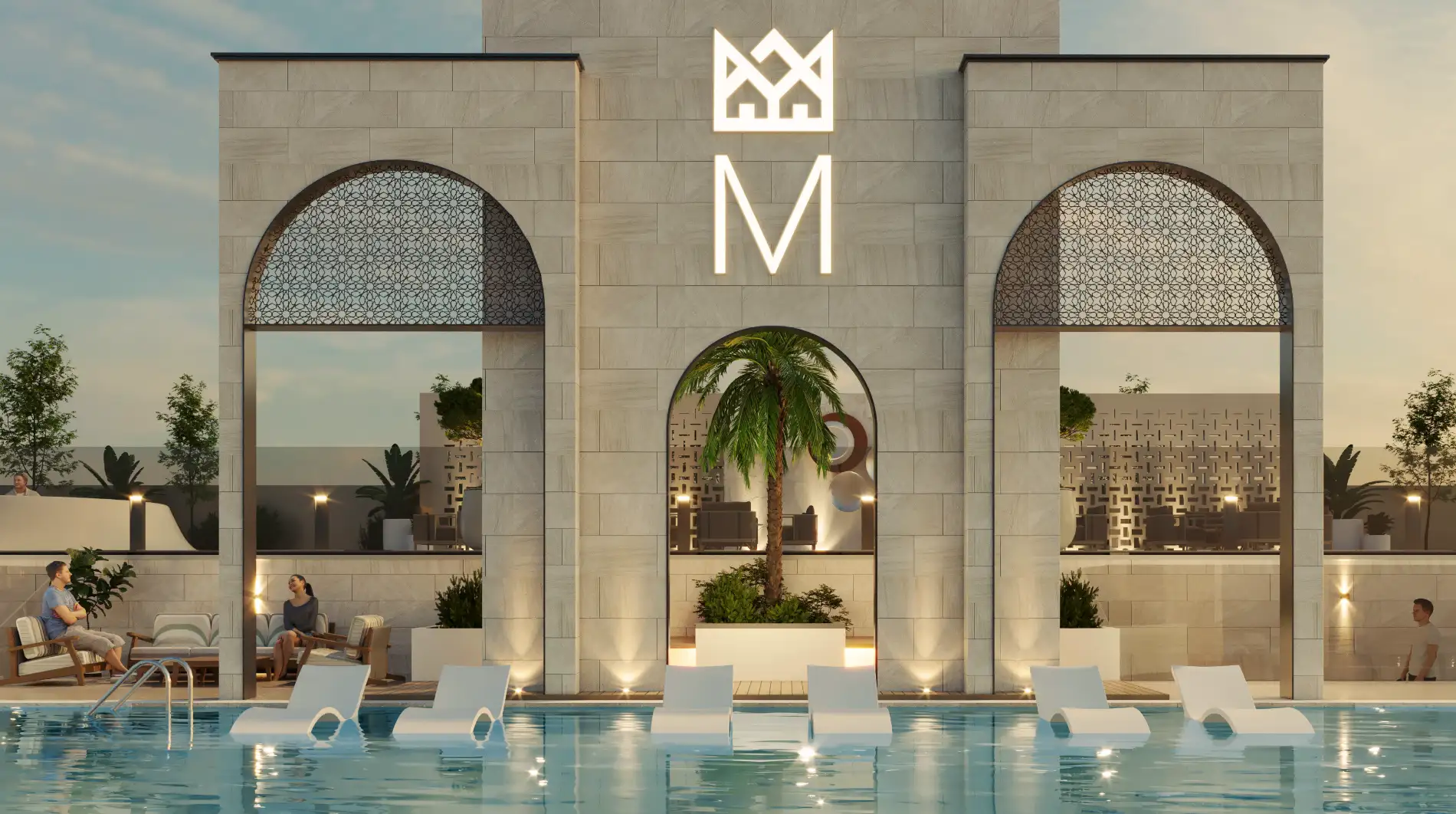 Water-lined frontage of Marquis Insignia luxury apartments