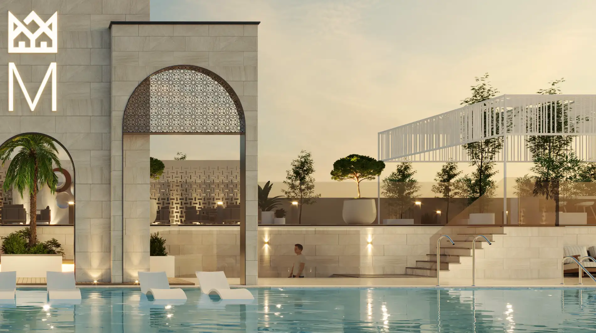 Front view of Marquis Insignia with reflecting water feature