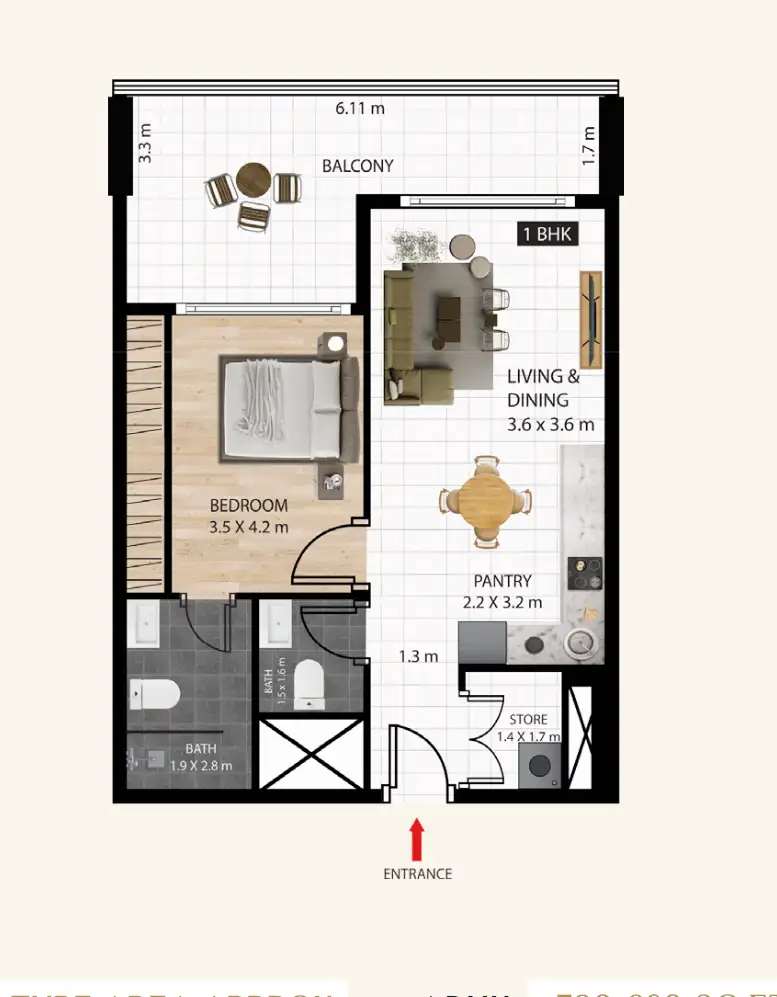 1BHK apartment floor plan at Marquis Insignia Arjan Dubai