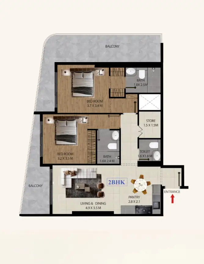 2BR apartment floor plan in Marquis Insignia Dubai