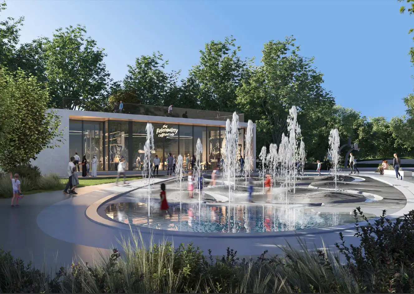 Fountain feature with villa view at Anber Masaar by Arada