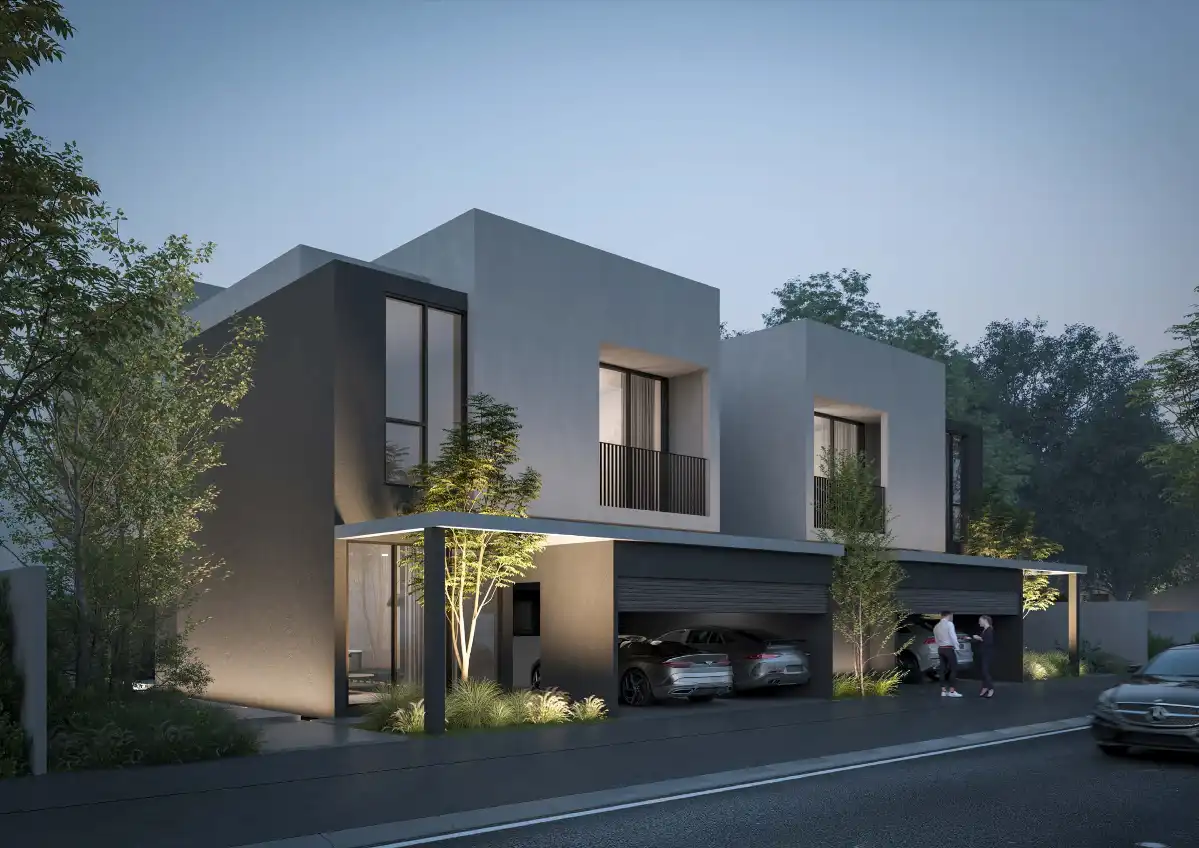 Front drive and villa facade at Anber Masaar by Arada