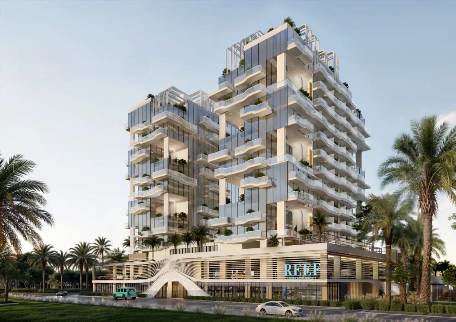 Front exterior of Reef 999 building in JVC Dubai