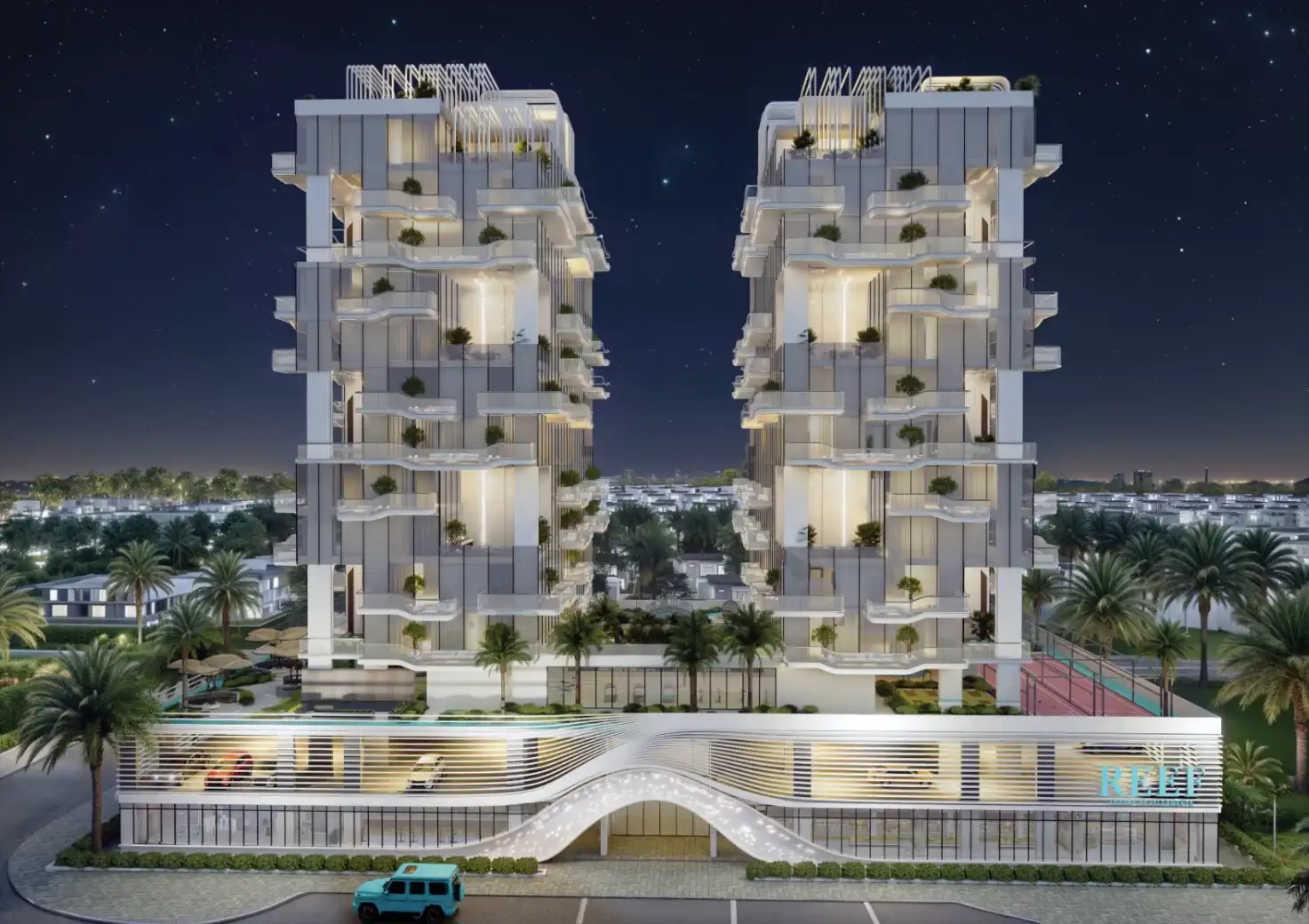 Angle shot of Reef 999 facade with landscaped entry