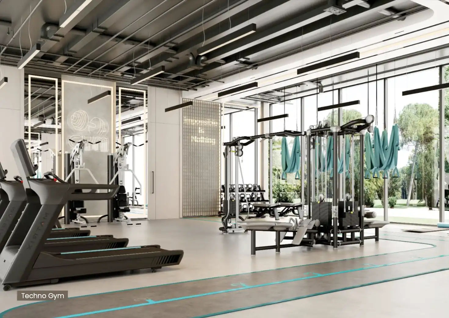 Modern fitness center at Reef 999 with smart equipment