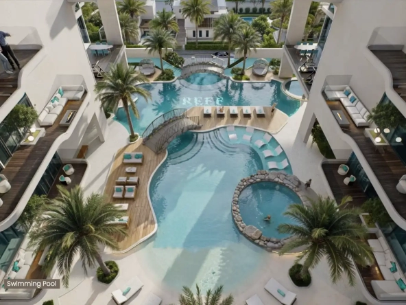 Rooftop pool at Reef 999 overlooking Dubai skyline