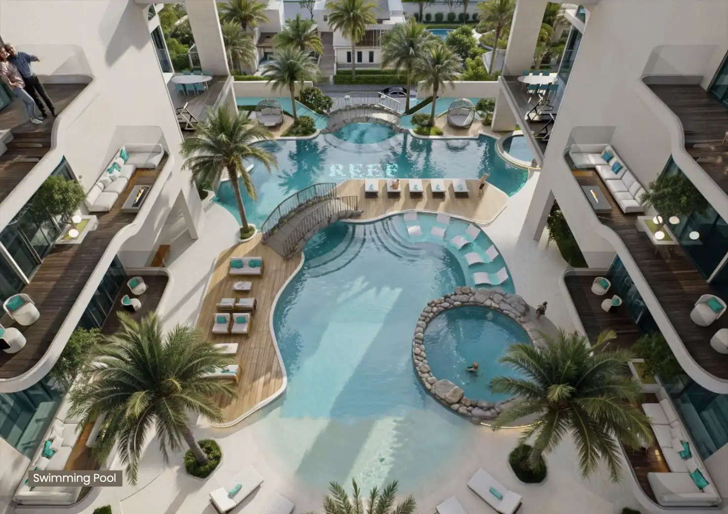 Rooftop pool at Reef 999 overlooking Dubai skyline