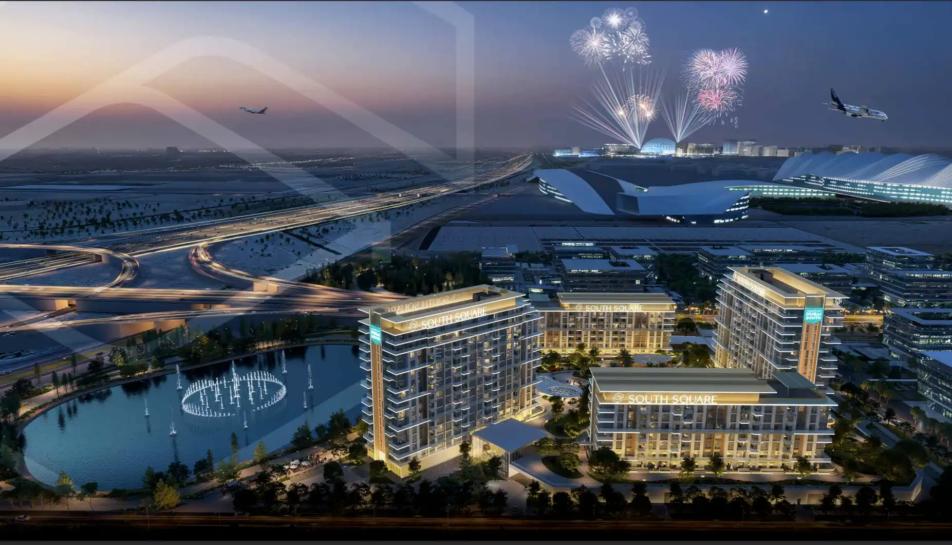 Night view of South Square building with ambient lighting
