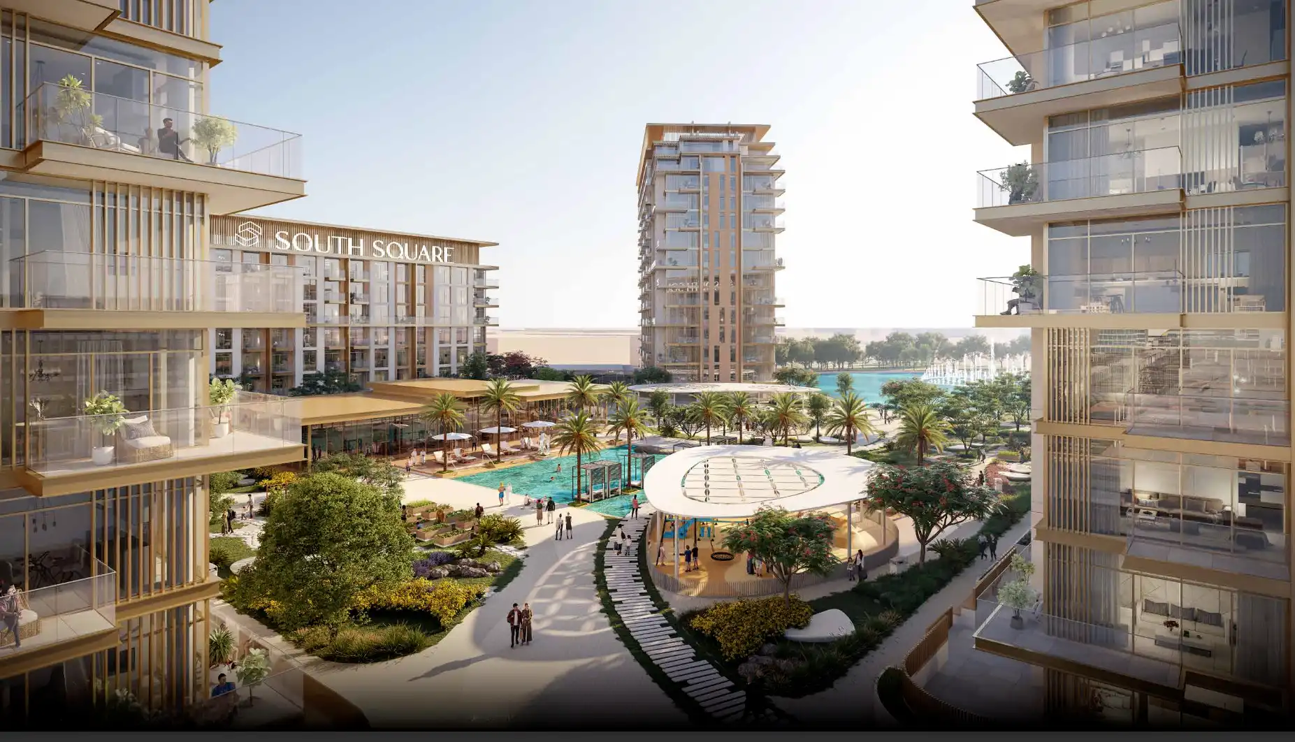 South Square apartments with reflective pool views