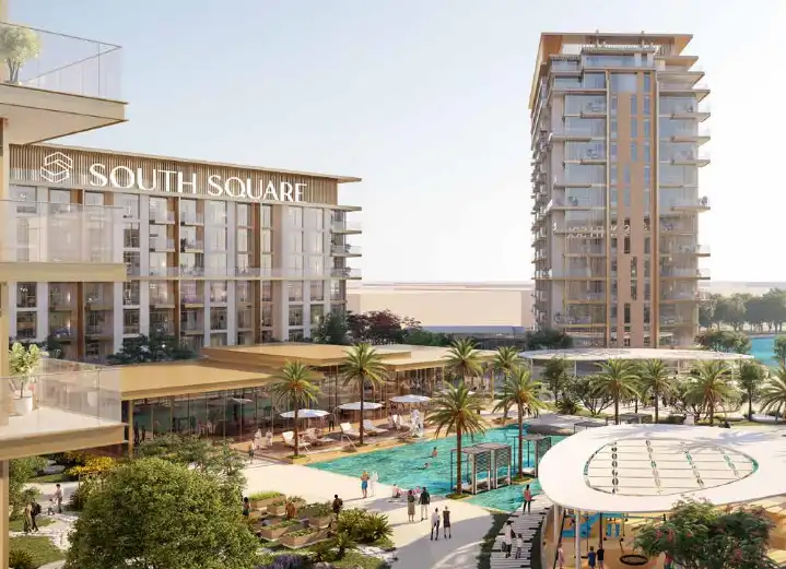 Water-facing exterior of South Square Dubai with lifestyle deck