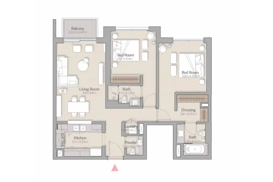 Corner 2BHK apartment floor plan at South Square Dubai