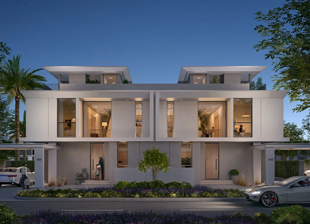 Evening exterior of Rivera Villas at The Valley by Emaar