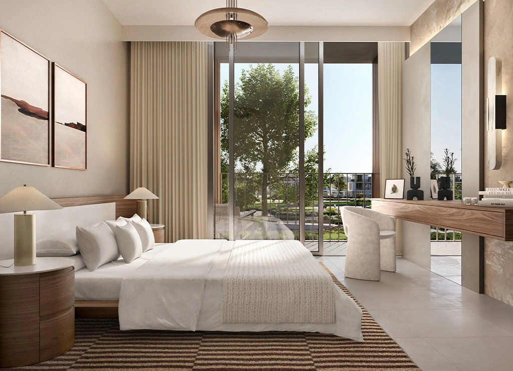 Master bedroom with soft interior palette at Rivera Villas