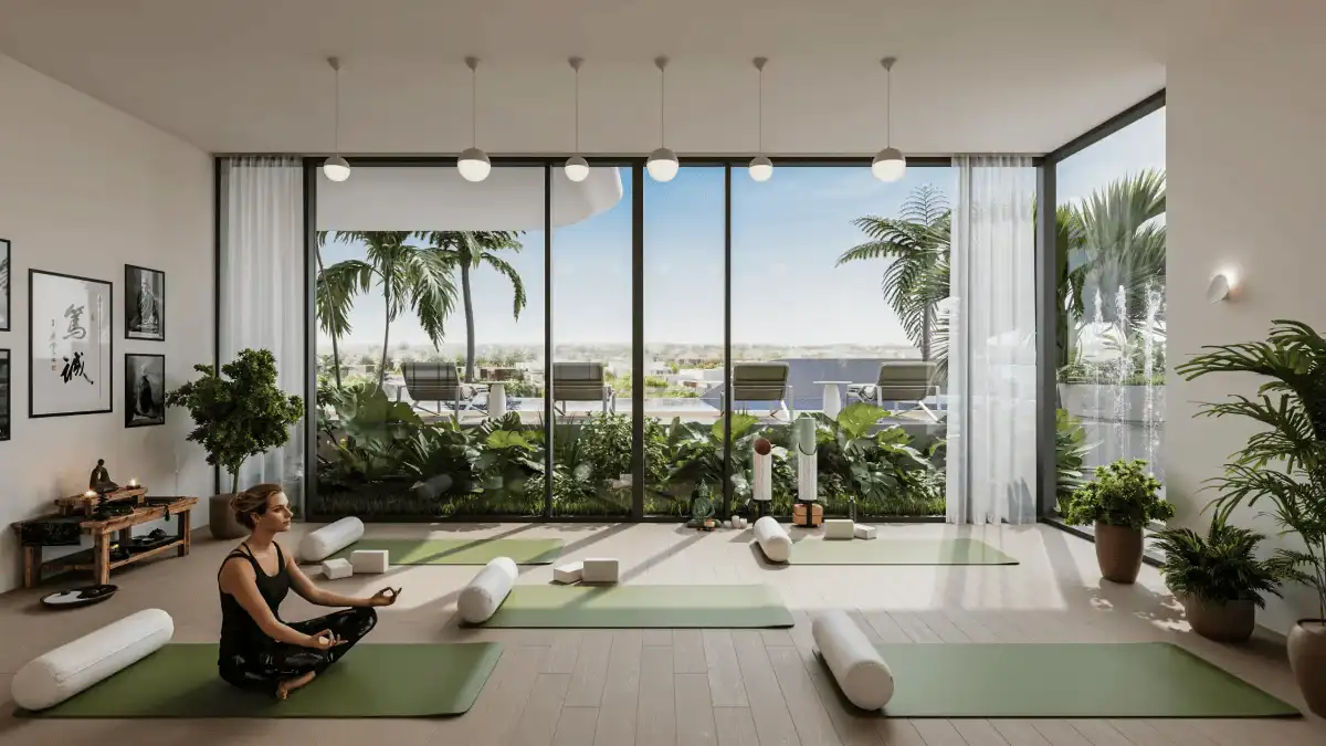 Yoga and meditation area with wood floors and large windows