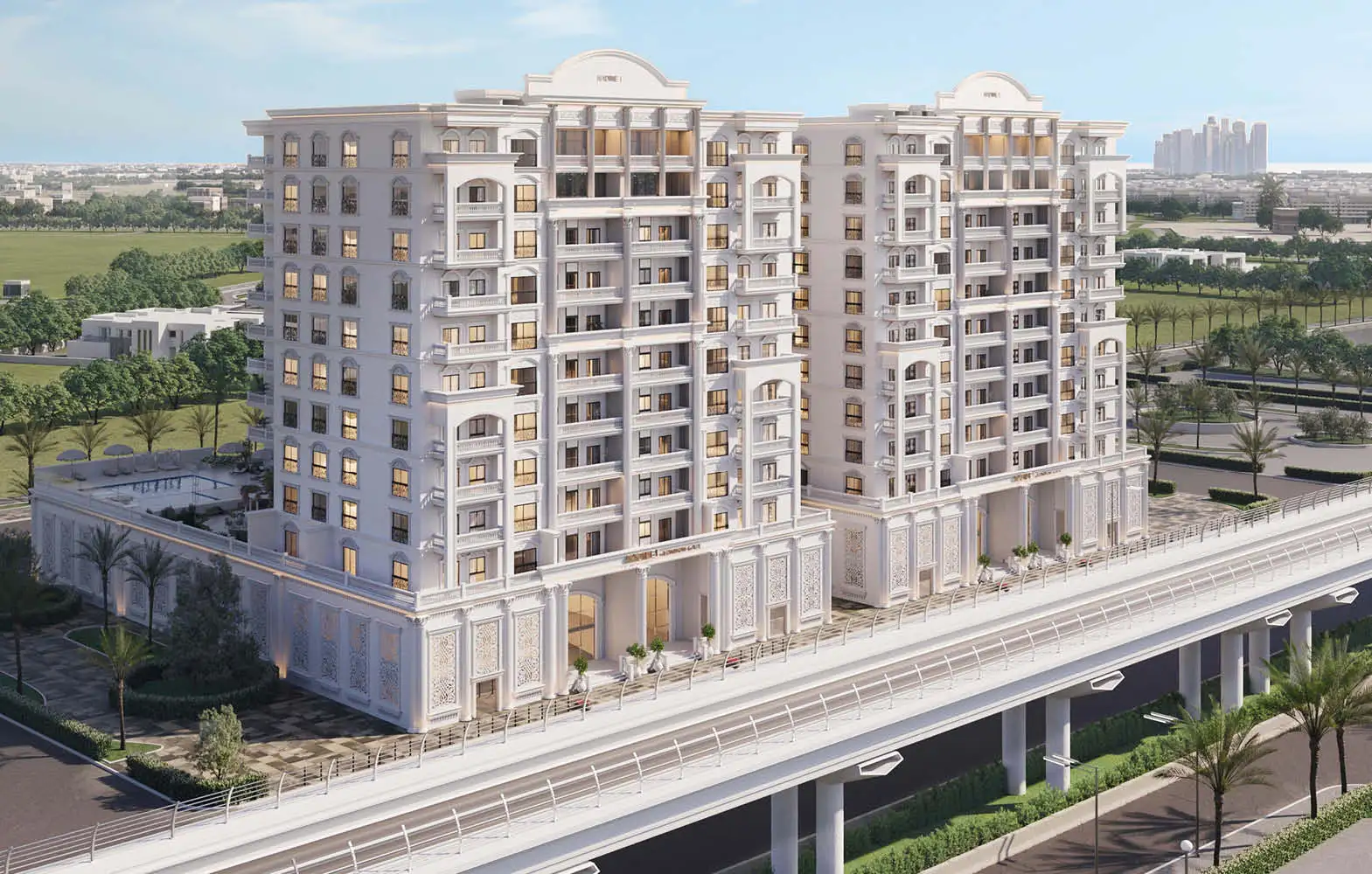 Aerial view of Nadine I & II residential towers in Al Furjan