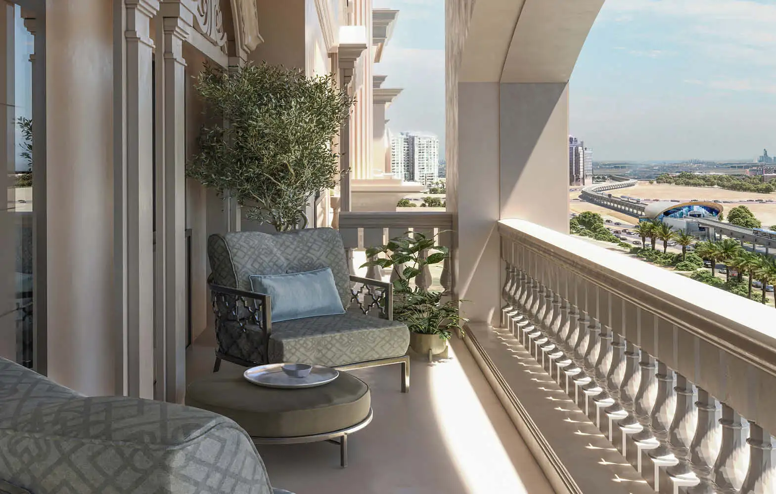 Balcony view overlooking Al Furjan from Nadine I luxury apartment