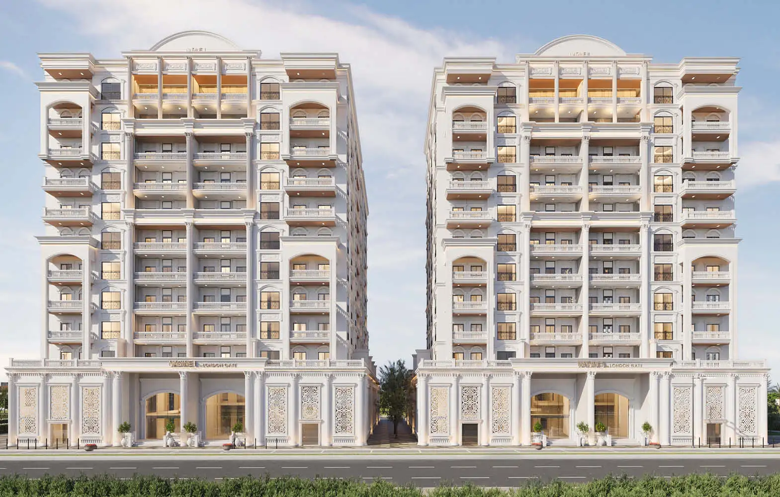 Front exterior view of Nadine I & II apartments in Al Furjan